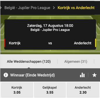 Kortrijk - Anderlecht gokken - Jupiler Pro League odds
