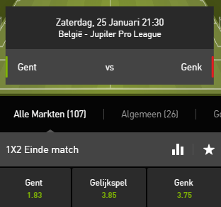  Gent speelt tegen Genk op 25-01-2020 Pro League odds