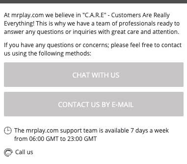 Mrplay klantenservice contact opties