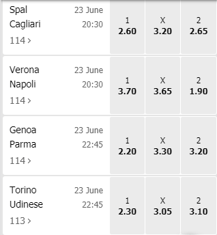 vwedden op de Serie A 23-06-2020 odds