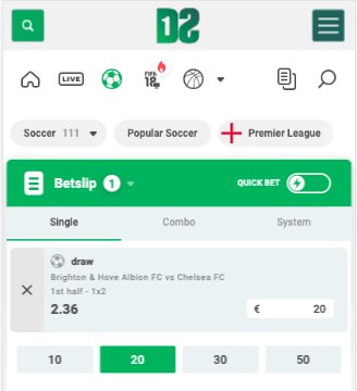 Het wedformulier ofte betting slip van Dozenspins ziet er zo uit.