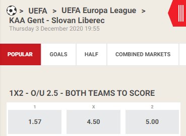  wedden met goede odds op Gent tegen Slovan Liberec