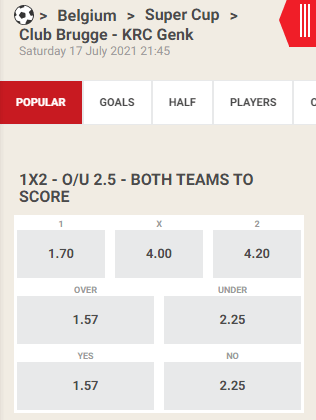 Club Brugge - Genk odds belgische supercup 17-07-2021