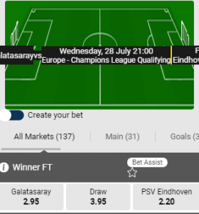 Wedden op Galatasaray PSV odds 28-7-21