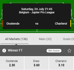 wedden op oostende tegen charleroi 24-07-2021