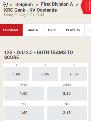 de beste odds bji genk tegen oostende JP: 30-07-2021
