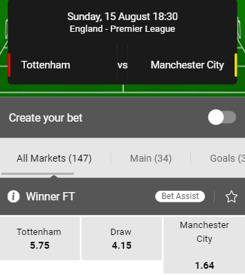 wedden op Tottenham Hotspur - Manchester CIty met de beste odds