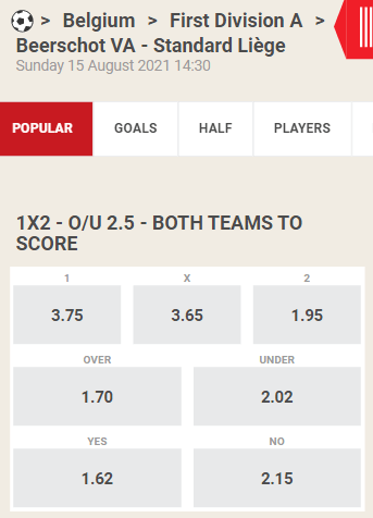 Beerschot - Standard odds jupiler liga