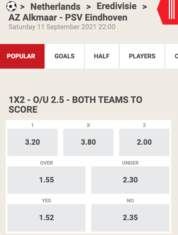 Hoge odds bij AZ - PSV op zaterdag 10-09-2021