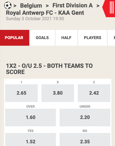 Antwerp Gent odds Jupiler League 2021