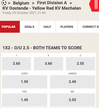 Geen favoriet bij wedden op oostende mechelen 29-10-2021