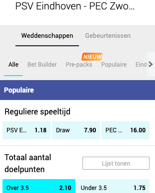Odds bij PSV Pec Zwolle 16-10-2021