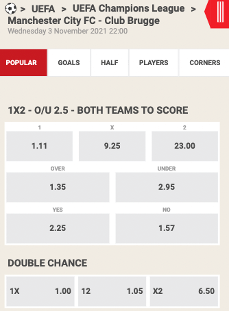 Ladbrokes odds bij Manchester City - Club Brugge Champions League