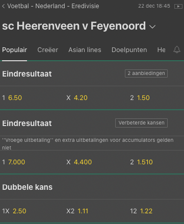 Bet365 odds bij Heerenveen - Feyenoord