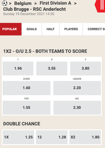 Odds bij Club Brugge - Anderlecht 19-12-2021