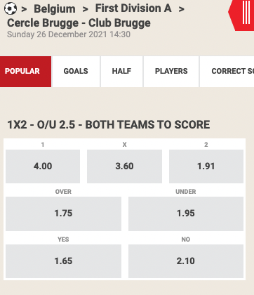 Wedden op Cercle Brugge - Club Brugge odds 26-12-2021