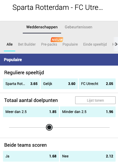 De beste odds bij Sparta - Utrecht op zondag 23-01-2021