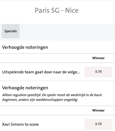 Verhoogde quoteringen bij PSG - Nice - Coupe de France