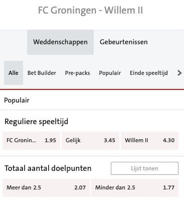 Groningen favoriet tegen Willem II op zaterdag 26-02-2022