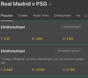 Real Madrid -PSG odds bij Bet365