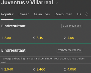 Bet365 odds bij Juventus - Villareal