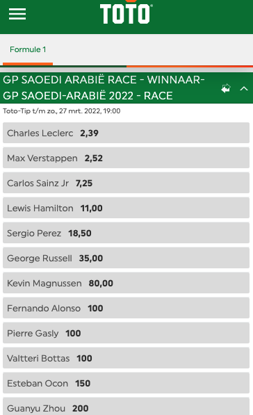 Formule 1 odds GP Saudi Arabie 2022