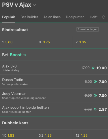 Odds bij PSV Ajax Bekerfinale van Bet365