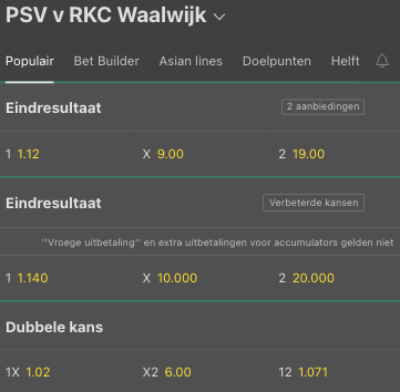 odds psv rkc inzetten