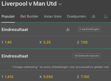 Beste odds bij Liverpool Mnachester United Bet365