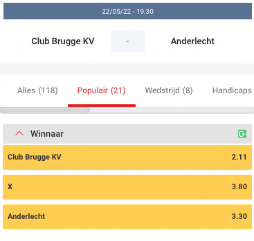 Club Brugge - Anderlecht odds JPL playoffs 22-05-2022