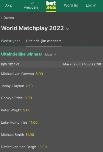 Favorieten World Matchplay Darts 2022