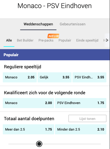 Odds AS Monaco - PSV Champions League - Bet365