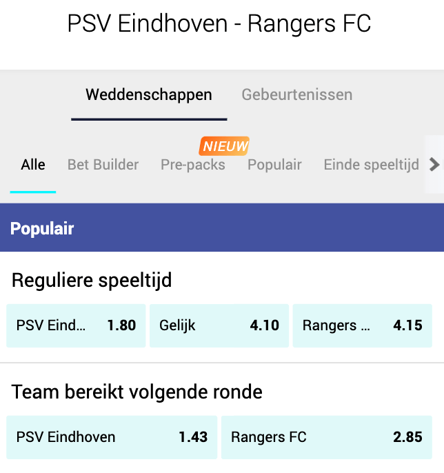 Odds PSV - Rangers FC | BetCity