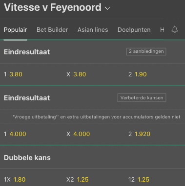 Odds Vitesse - Feyenoord | Bet365