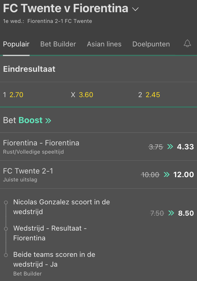 Odds FC Twente - Fiorentina | Bet365