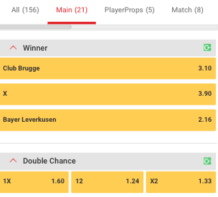 Odds bij Club Brugge - Bayer Leverkusen Champions league 07-09-2022