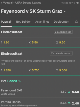 Feyenoord - Sturm Graz odds Europa League 14-09-2022 Bet365