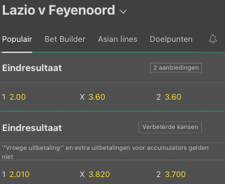 Odds Lazio Roma - Feyenoord Europa League 08-09-2022