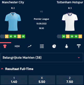 Manchester City - Tottenham Hotspur odds 10-09-2022