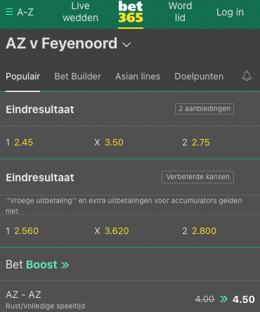 AZ - Feyenoord odds 16-10-2022