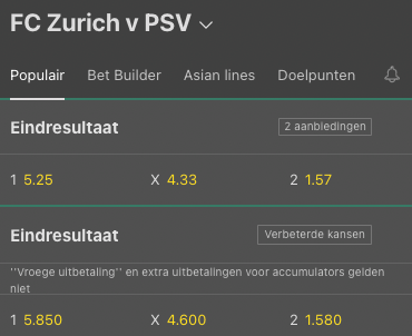 FC Zurich PSV odds van Bet365