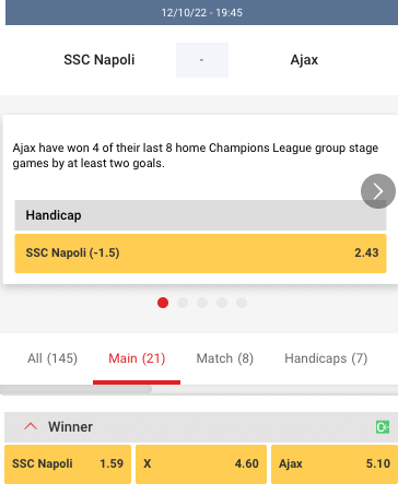 Circus odds bij Napoli - Ajax Champions LEague 13-10-2022