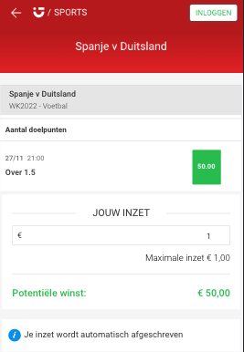 50 keer je inzet bij 1,5 goals of meer Spanje - Duitsland