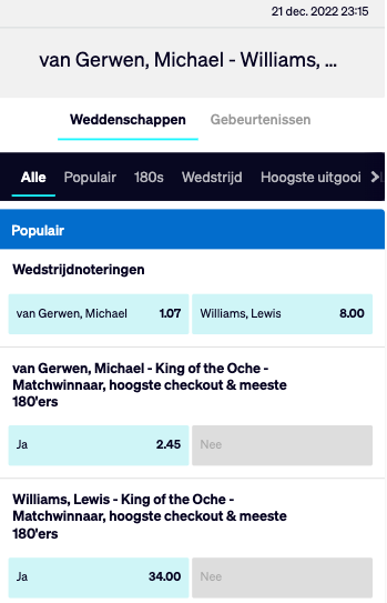 Michael van Gerewn -Lewy Williams odds 21-12-2022