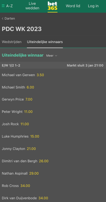 WK Darts Favorieten outrights Bet365