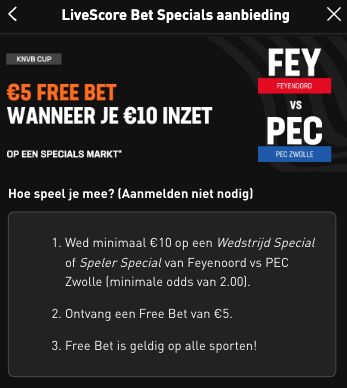 Livescorebet 5 euro Freebet bij Feyenoord - PEC Zwolle