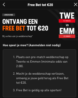 LivescoreBet Free bet € 20,00 FC Twente - FC Emmen 07-01-2023