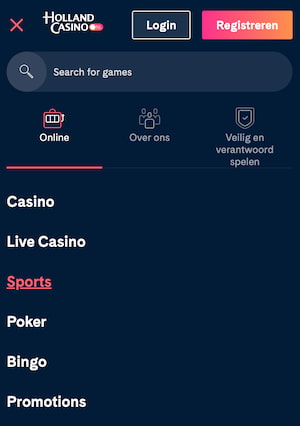 Holland Casino App Menu