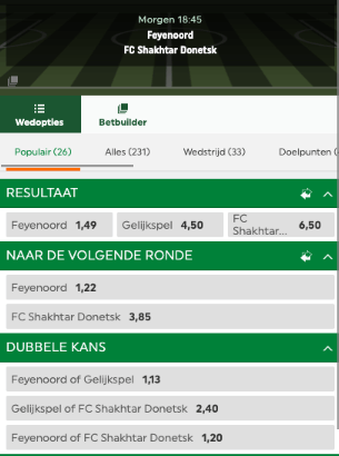 Wedden op Feyenoord - Shakhtar Donetsk odds 15-03-2023 Toto