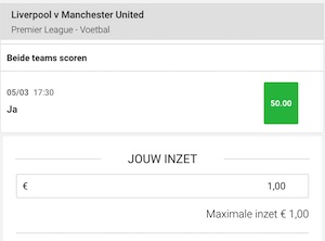 Liverpool-ManUnited: Beide teams scoren odds 50.0